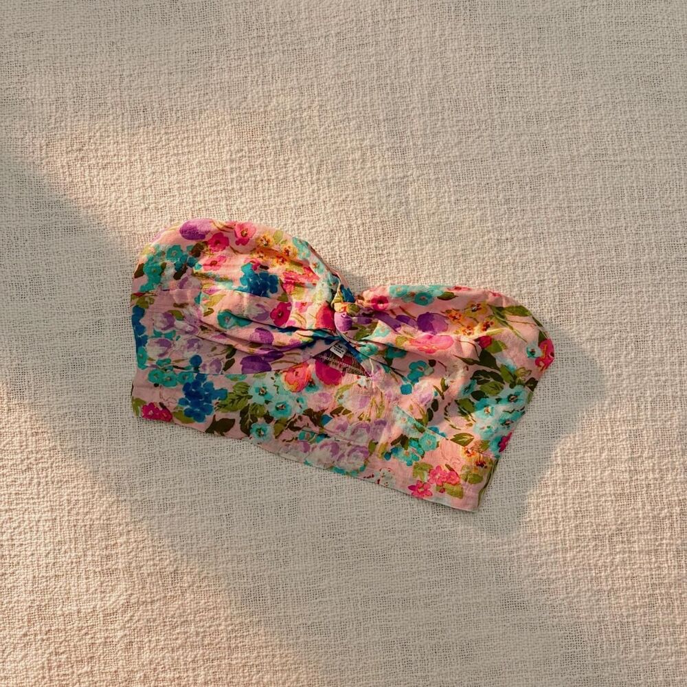 Pink multicolored floral print strapless bandeau top